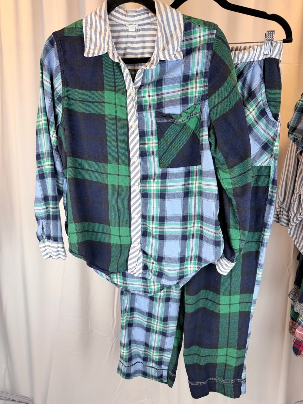 aerie Blue and Green Plaid Flannel Pajama Set with Striped Trim